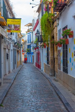 Cordoba, İspanya, 25 Mayıs 2021: İspanya 'nın eski Cordoba şehrinde beyazlatılmış cadde