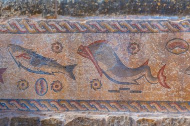 Milreu, Portekiz, 19 Haziran 2021: Portekiz 'in Algarve bölgesindeki bir Roma villasının Milreu kalıntılarındaki mozaikler.