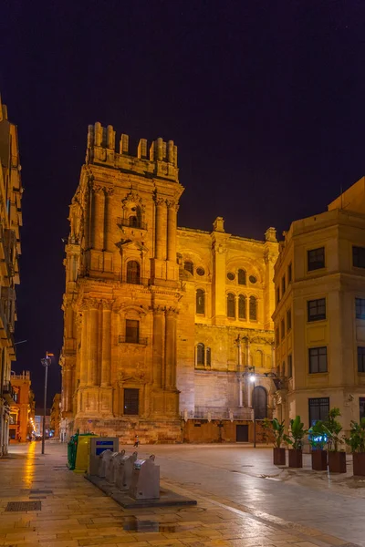 Malaga Spanya Mayıs 2021 Malaga Daki Enkarnasyon Katedralinin Gece Görüntüsü — Stok fotoğraf