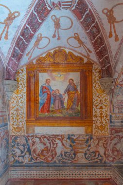 Evora, Portekiz, 15 Haziran 2021: Evora, Portekiz 'deki Casas pintadas' taki duvar resimleri.