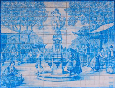 Funchal, Portekiz, 12 Haziran 2021: Portekiz 'deki Mercado dos Lavradores' de Azulejo mozaiği.