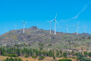 Portekiz 'in Sortelha kasabasında rüzgar türbinleri.