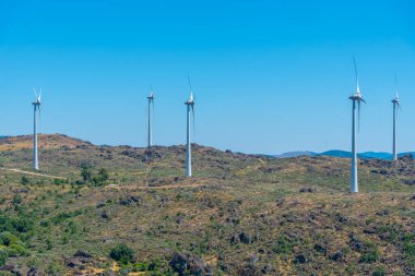Portekiz 'in Sortelha kasabasında rüzgar türbinleri.