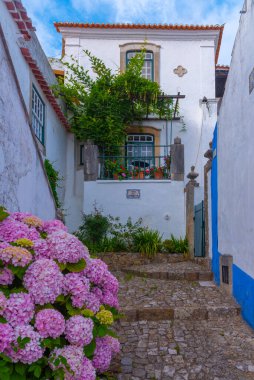 Portekiz 'deki ölüm ilanı kalesinin dar bir caddesinin görüntüsü.