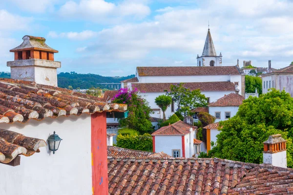 Portekiz 'deki Obidos şatosundaki evlerin çatıları.