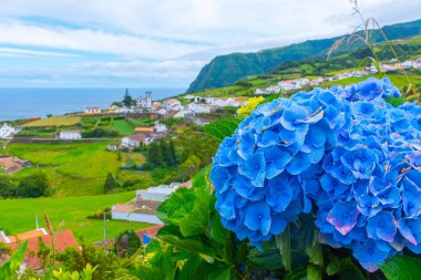 Sao Miguel Adası, Azores Portekiz 'deki Nordeste kasabasının hava manzarası..