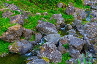 Sao Miguel, Azores, Portekiz 'de poco azul' a doğru yürüyüş izleri var..