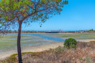 Portekiz 'deki Ria Formosa Ulusal Parkı' ndaki Quinta do Marim gelgit değirmeni.
