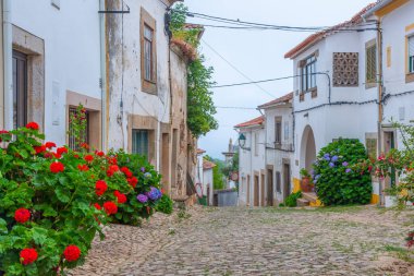 Portekiz 'in Castelo de Vide köyündeki eski kasabada dar bir sokak..