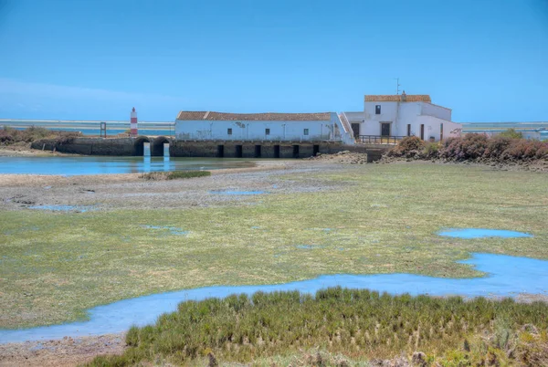 Portekiz 'deki Ria Formosa Ulusal Parkı' ndaki Quinta do Marim gelgit değirmeni.
