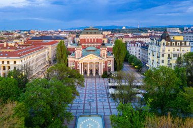 Sunset aerial view of Ivan Vazov Theatre in Sofia, Bulgaria clipart