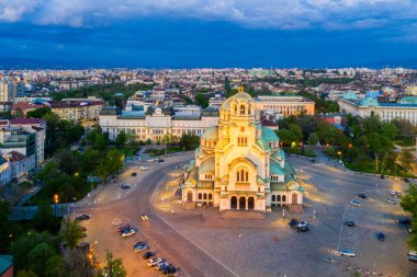 Bulgaristan 'ın Sofya kentindeki Alexander Nevski katedralinin hava manzarası