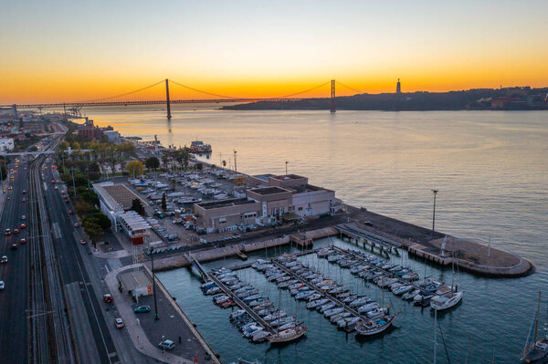 Sunset aerial view over marina in Belem, Lisbon, Portugal.