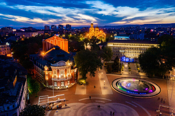 Sunset aerial view of the Independence square in Varna, Bulgaria