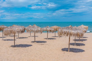 Bulgaristan 'ın Arkutino plajında Reed şemsiyeleri