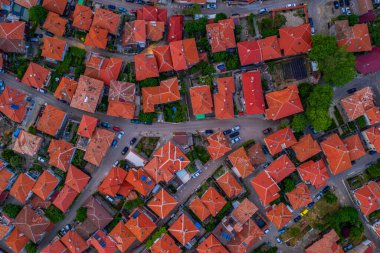 Bulgar kenti Sozopol 'un gündoğumu hava manzarası