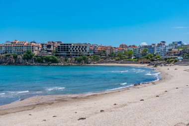 İspanya 'nın Sozopol kentinin merkez plajının hava manzarası.