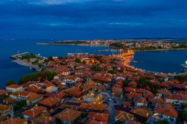 Bulgar kenti Nessebar 'ın gündoğumu hava manzarası