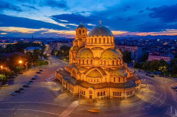Vista Aérea Noturna Catedral Alexander Nevski Sófia Bulgária — Fotografia de Stock