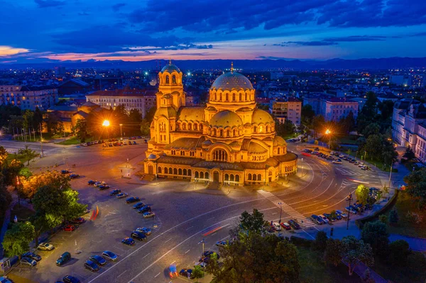 Vue Aérienne Nocturne Cathédrale Alexandre Nevski Sofia Bulgarie — Photo