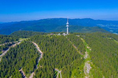 Bulgaristan 'da yaz boyunca Pamporovo köyünün hava manzarası