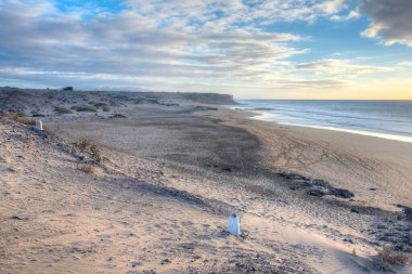 İspanya, Fuerteventura 'daki El Cotillo köyünden uzanan sahil şeridi..