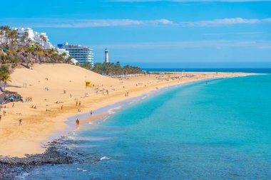 Morro Jable, Fuerteventura, Kanarya Adaları, İspanya 'daki Playa de Matorral hava manzarası.