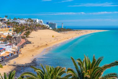 Morro Jable, Fuerteventura, Kanarya Adaları, İspanya 'daki Playa de Matorral hava manzarası.