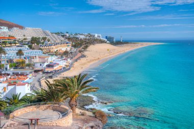 Morro Jable, Fuerteventura, Kanarya Adaları, İspanya 'daki Playa de Matorral hava manzarası.