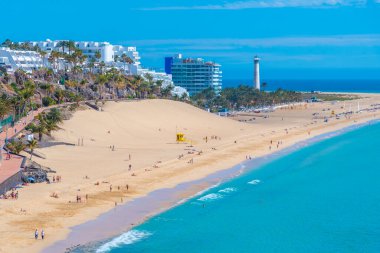 Morro Jable, Fuerteventura, Kanarya Adaları, İspanya 'daki Playa de Matorral hava manzarası.