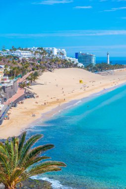 Morro Jable, Fuerteventura, Kanarya Adaları, İspanya 'daki Playa de Matorral hava manzarası.
