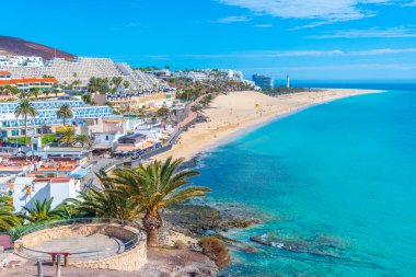 Morro Jable, Fuerteventura, Kanarya Adaları, İspanya 'daki Playa de Matorral hava manzarası.