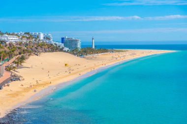 Morro Jable, Fuerteventura, Kanarya Adaları, İspanya 'daki Playa de Matorral hava manzarası.