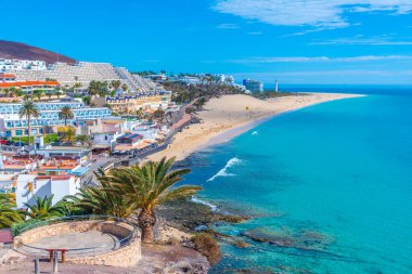 Morro Jable, Fuerteventura, Kanarya Adaları, İspanya 'daki Playa de Matorral hava manzarası.