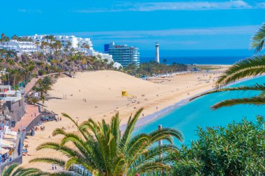 Morro Jable, Fuerteventura, Kanarya Adaları, İspanya 'daki Playa de Matorral hava manzarası.
