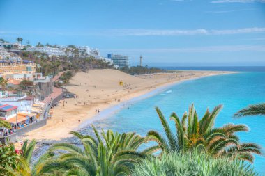 Morro Jable, Fuerteventura, Kanarya Adaları, İspanya 'daki Playa de Matorral hava manzarası.