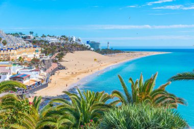 Morro Jable, Fuerteventura, Kanarya Adaları, İspanya 'daki Playa de Matorral hava manzarası.
