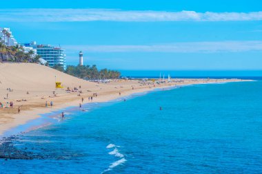 Morro Jable, Fuerteventura, Kanarya Adaları, İspanya 'daki Playa de Matorral hava manzarası.
