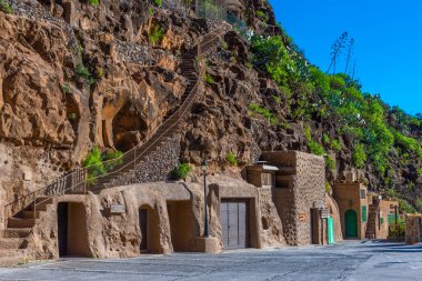 Barranco de Guayadeque vadisindeki mağara evleri Gran Canaria, Kanarya adaları, İspanya.