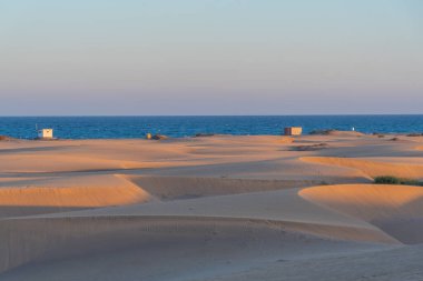 Maspalomas, Gran Kanarya, Kanarya Adaları, İspanya 'da kum tepeleri üzerinde gün batımı.