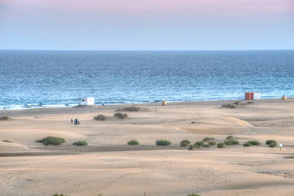 Maspalomas, Gran Kanarya, Kanarya Adaları, İspanya 'da kum tepeleri üzerinde gün batımı.