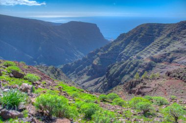 La Gomera, Kanarya Adaları 'ndaki Valle Gran Rey Vadisi Panoraması.