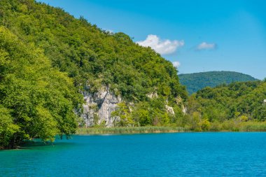 Hırvatistan 'daki Plitvice Gölleri Ulusal Parkı' ndaki yaz gökyüzü suya yansıdı