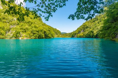 Hırvatistan 'daki Plitvice Gölleri Ulusal Parkı' ndaki yaz gökyüzü suya yansıdı