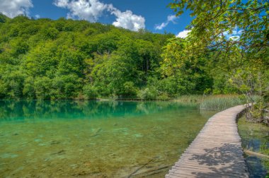 Hırvatistan 'daki Plitvice Gölleri' nden geçen tahta kaldırım milli parkı aydınlatıyor