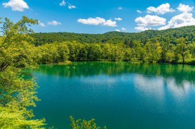 Hırvatistan 'daki Plitvice Gölleri Ulusal Parkı' ndaki yaz gökyüzü suya yansıdı