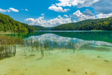 Hırvatistan 'daki Plitvice Gölleri Ulusal Parkı' ndaki yaz gökyüzü suya yansıdı