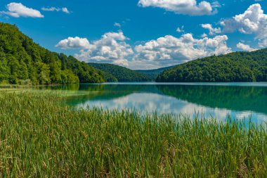 Hırvatistan 'daki Plitvice Gölleri Ulusal Parkı' ndaki yaz gökyüzü suya yansıdı