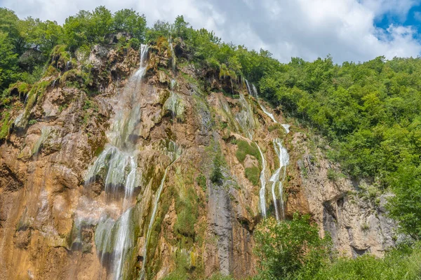 Hırvatistan 'daki Plitvice göllerinden geçen ahşap bir kaldırım manzarası ulusal parkı gösteriyor