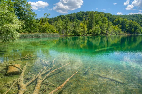 Letnie Niebo Odbija Się Wodzie Parku Narodowym Jeziora Plitwickie Chorwacji — Zdjęcie stockowe